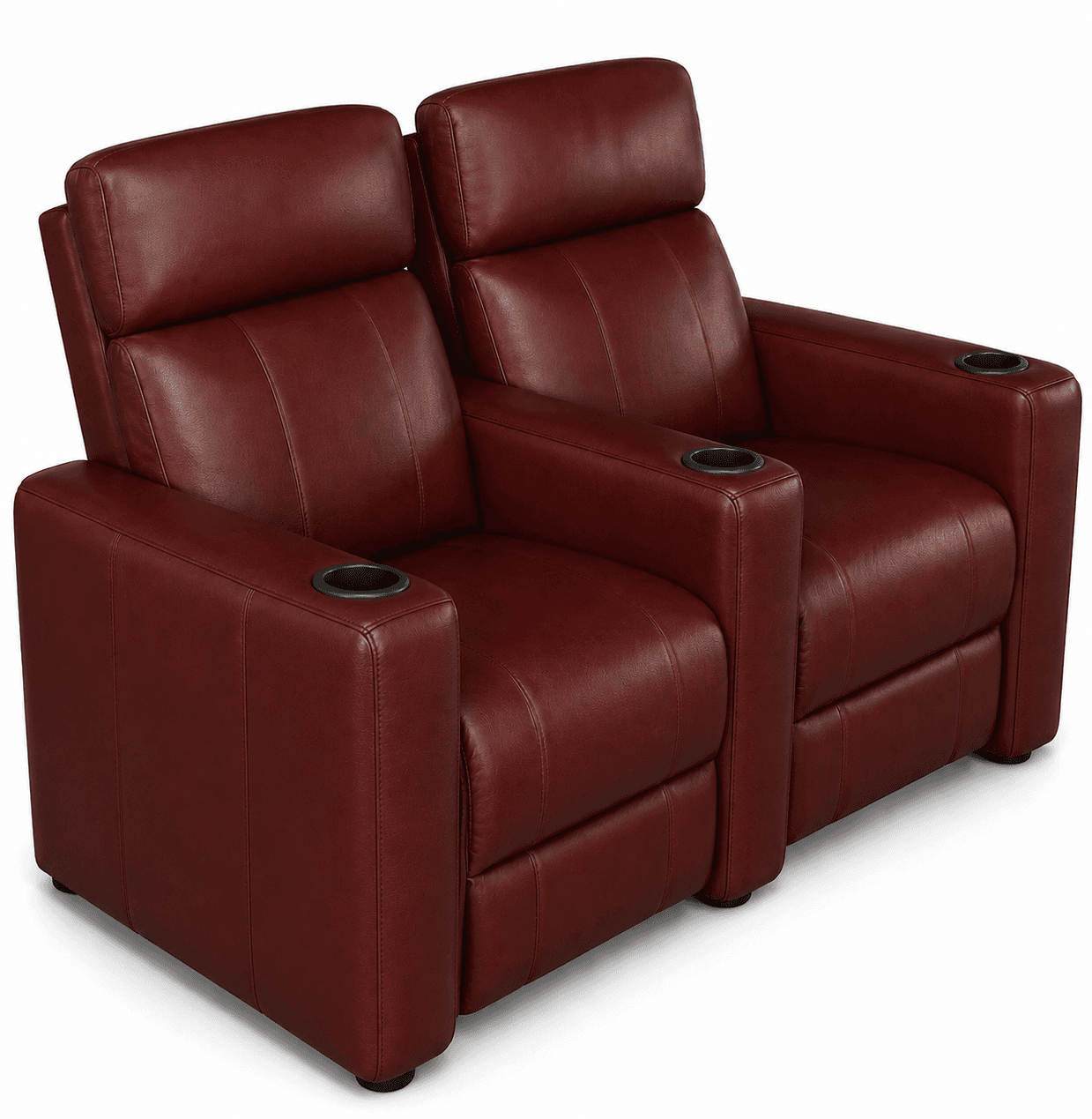 A modern two-seat reclining sofa, upholstered in dark red leather, with built-in cupholders in each armrest. The backrests appear plush and adjustable for individual comfort. — 3D model