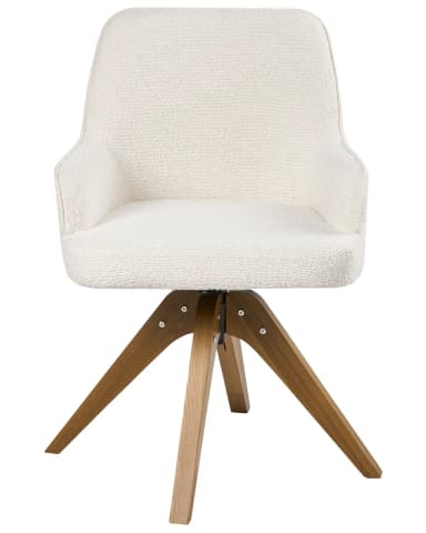 A modern accent chair with a textured fabric upholstery and a unique wooden base. The chair features a curved backrest that extends into armrests, and a central pedestal that splits into four splayed legs. The legs have a distinct mid-century modern aesthetic. — 3D model