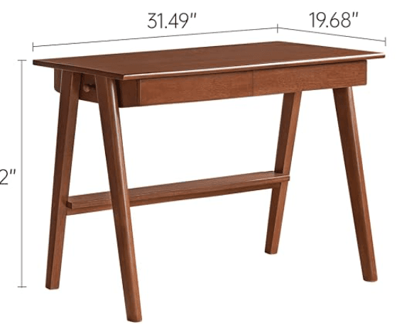 A compact, modern writing desk featuring a single drawer and tapered, angled legs. It has a warm brown wood finish and a minimalist design, suitable for small spaces. — 3D model