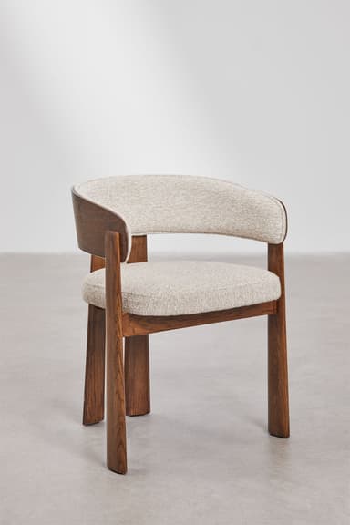 A contemporary dining armchair featuring a curved wooden frame that integrates the armrests and backrest, paired with a light-colored fabric upholstered seat and inner back. — 3D model