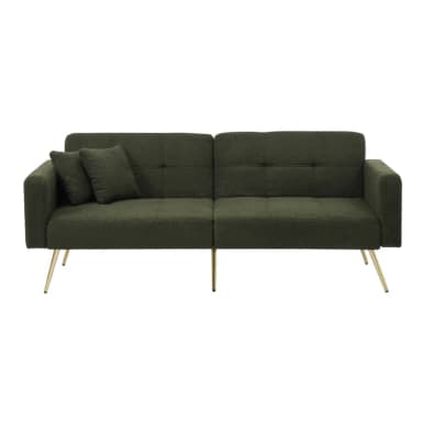 An olive green upholstered sofa bed with a textured boucle fabric, featuring a tufted backrest and golden tapered metal legs. The sofa design suggests convertibility with segmented seat and back cushions. A small green throw pillow and an integrated side pocket are also visible. — 3D model
