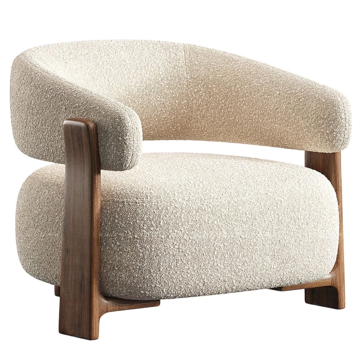 A modern lounge chair featuring a plush, textured boucle fabric upholstery in a light beige or off-white hue, supported by a distinct dark wood frame that cradles the upholstered form. — 3D model