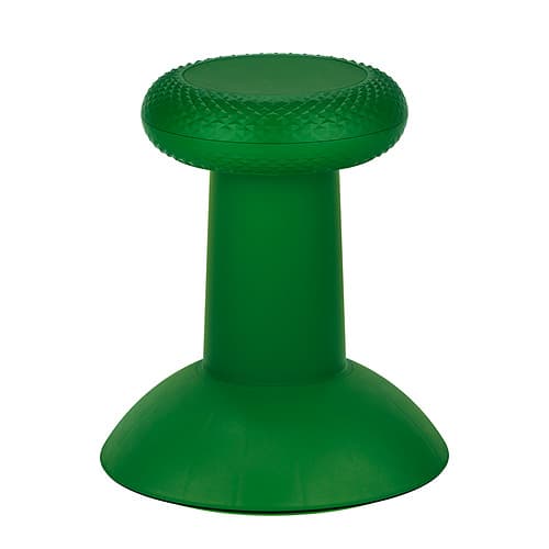 A vibrant green ergonomic wobble stool designed for active sitting, featuring a textured, slightly cushioned circular seat, a conical support column, and a broad, stable, dome-shaped base. — 3D model