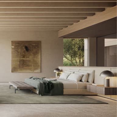 A modern platform bed ensemble featuring an oversized upholstered headboard with wooden trim, integrated floating nightstands, and a coordinating tufted bench at the foot. The bed is dressed with white bedding and a dark green throw blanket, complemented by two contemporary table lamps on the nightstands. — 3D model