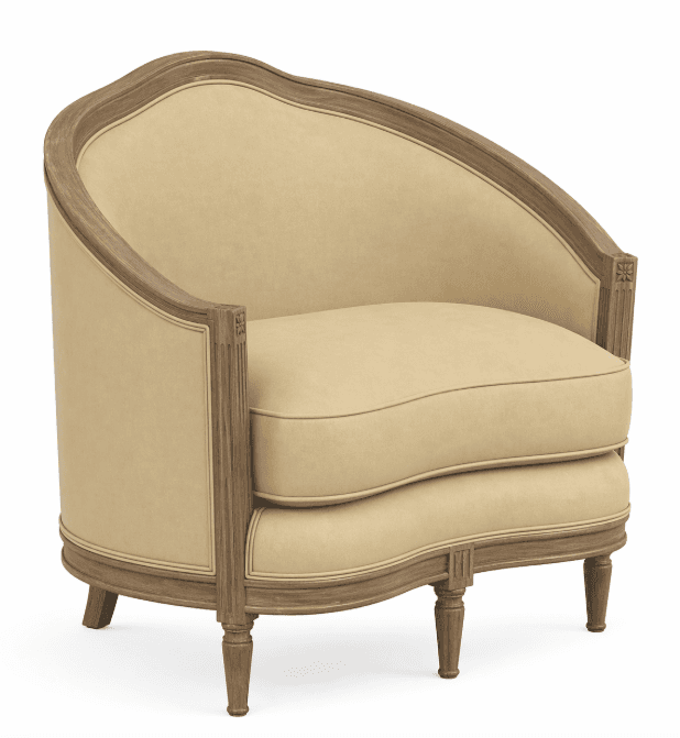 A barrel-shaped armchair featuring a curved backrest and seat, upholstered in a light beige fabric. The armchair has a visible wooden frame, with carved detailing on the arms and along the base. The wooden legs are slender and tapered. — 3D model
