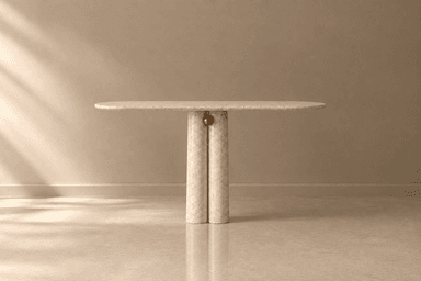 A minimalist accent table crafted from light-colored travertine, featuring an elongated, rounded rectangular top supported by two cylindrical legs. The design is monolithic and contemporary, showcasing the natural texture of the stone. — 3D model