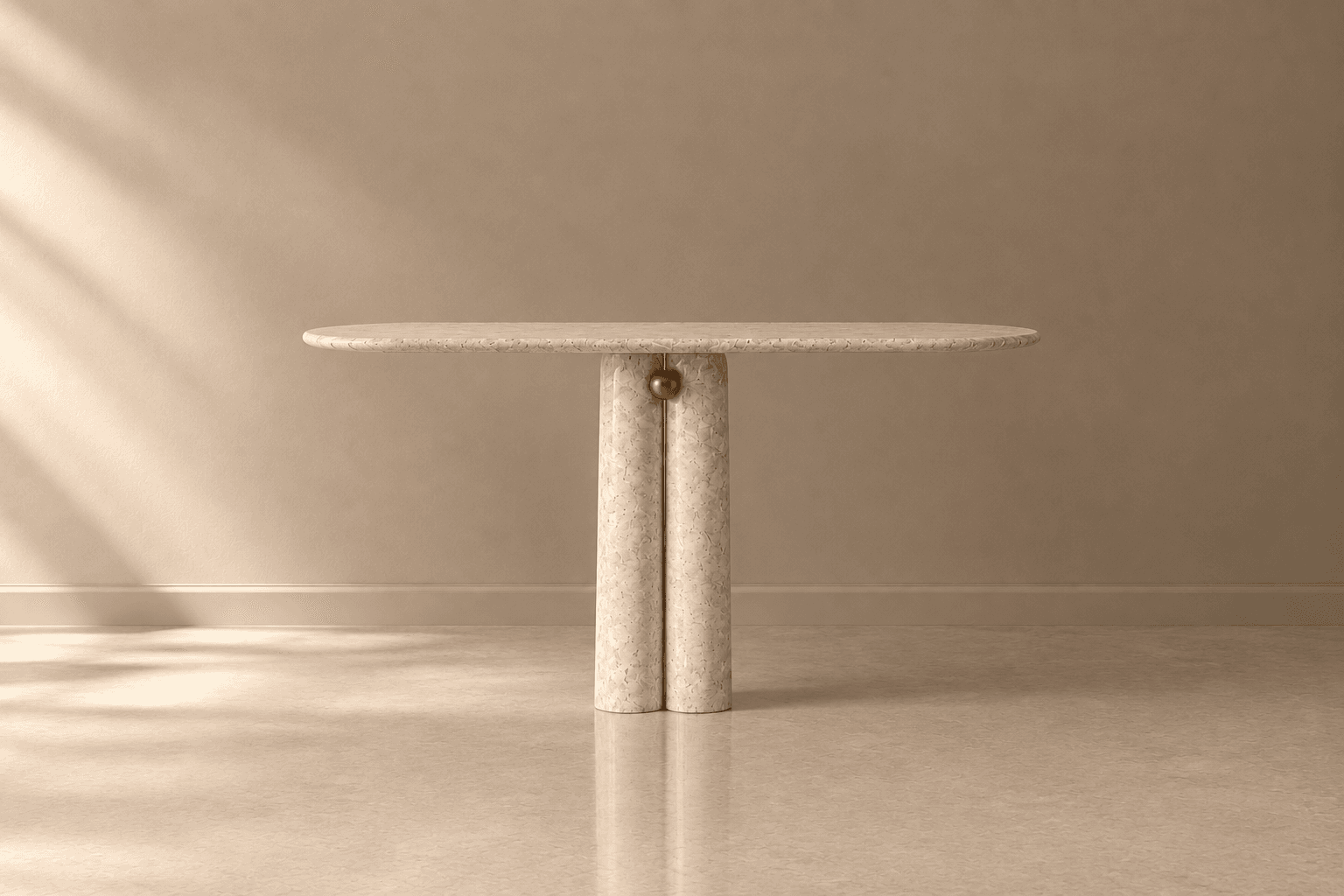 A minimalist accent table crafted from light-colored travertine, featuring an elongated, rounded rectangular top supported by two cylindrical legs. The design is monolithic and contemporary, showcasing the natural texture of the stone. — 3D model