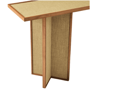 A console table with a rectangular top and two substantial, vertical supports. The top appears to have a lighter colored inlay or veneer on its surface and a wooden frame. The vertical supports are constructed with wooden frames and feature woven fabric panels, likely of a natural fiber like linen or jute, on their inner and outer faces. The supports are angled at the bottom, creating a visually interesting base. — 3D model