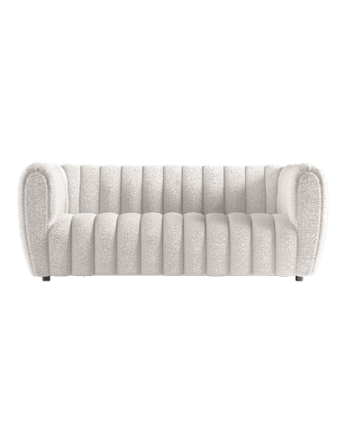 A contemporary off-white boucle ottoman with vertical channel tufting and a rounded profile. — 3D model