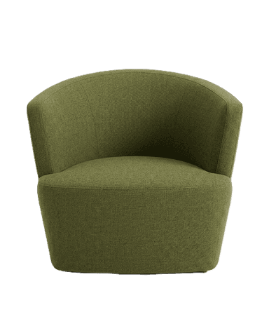 A compact, contemporary upholstered barrel-style chair in a muted olive green textured fabric, featuring a rounded backrest that seamlessly transitions into integrated armrests. The chair has a solid, fabric-covered base. — 3D model