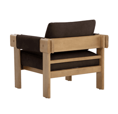 A robust armchair with a visible wooden frame and dark-colored upholstered cushions for the seat and back. The frame appears to be constructed from solid wood with a natural finish. The armrests are integrated into the side frame structure. Dark fabric straps are visible securing the back cushion and wrapping around the armrests. The design emphasizes a strong, angular aesthetic. — 3D model