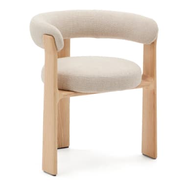A modern armchair featuring a natural light wood frame and light beige upholstered seat and backrest. The backrest is a continuous, curved, padded form that extends into armrests, providing a minimalist and comfortable design. The seat is a round, upholstered cushion. The sturdy wooden legs are flat and integrated into the overall frame, suggesting a contemporary or Scandinavian aesthetic. — 3D model