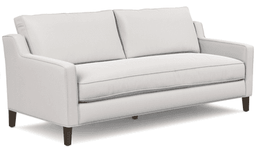 A contemporary sofa upholstered in a light gray fabric, featuring clean lines, track arms, and tapered dark wood legs. The sofa has a minimalist aesthetic with loose back cushions. — 3D model