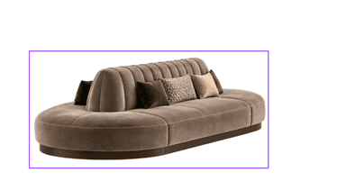 A sophisticated curved sofa featuring channel-tufted velvet upholstery in a neutral taupe color, resting on a recessed dark wood base. The backrest is rounded and extends along the length of the sofa, which is accented with decorative throw pillows in varying colors and patterns. — 3D model