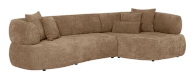 A modular sectional sofa with a rounded, contemporary design. It features plush seating and back cushions, with additional throw pillows for comfort. The sofa is upholstered in a textured fabric and sits on low-profile black legs. The configuration appears to be a corner unit. — 3D model