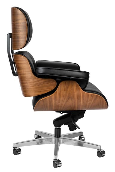 A high-back office chair featuring a tufted black leather seat, backrest, and armrests. The chair has a distinctive curved wooden shell visible on the sides and beneath the seat. It is supported by a five-star base with casters and a central pneumatic lift mechanism, indicating adjustability in height. — 3D model