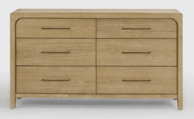A contemporary six-drawer dresser featuring a light wood finish, visible wood grain, and sleek horizontal metal pull handles. The top and side edges are softly rounded, and it stands on integrated, short block legs. — 3D model