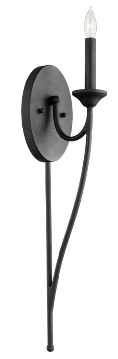 A single-light wall sconce featuring a circular backplate and a curved arm supporting a candle-style light fixture. The design has a classic, minimalist aesthetic. — 3D model