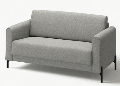 A modern two-seater loveseat sofa, upholstered in a light grey textured fabric. It features a minimalist design with slim, rounded armrests, a slightly angled backrest, and four slender black metal legs. The overall aesthetic is clean and contemporary. — 3D model