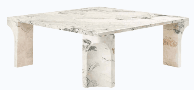 A square coffee table crafted entirely from veined marble, featuring substantial, architecturally-inspired legs with an arched cut-out design. — 3D model