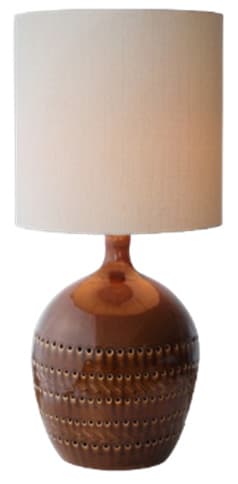 A table lamp with a ceramic base and a fabric shade. The base is bulbous, tapering upwards to a narrower neck, and features a decorative pattern of perforations arranged in horizontal rows, with a chevron-like texture between some rows. The shade is cylindrical and appears to be made of a woven fabric. — 3D model