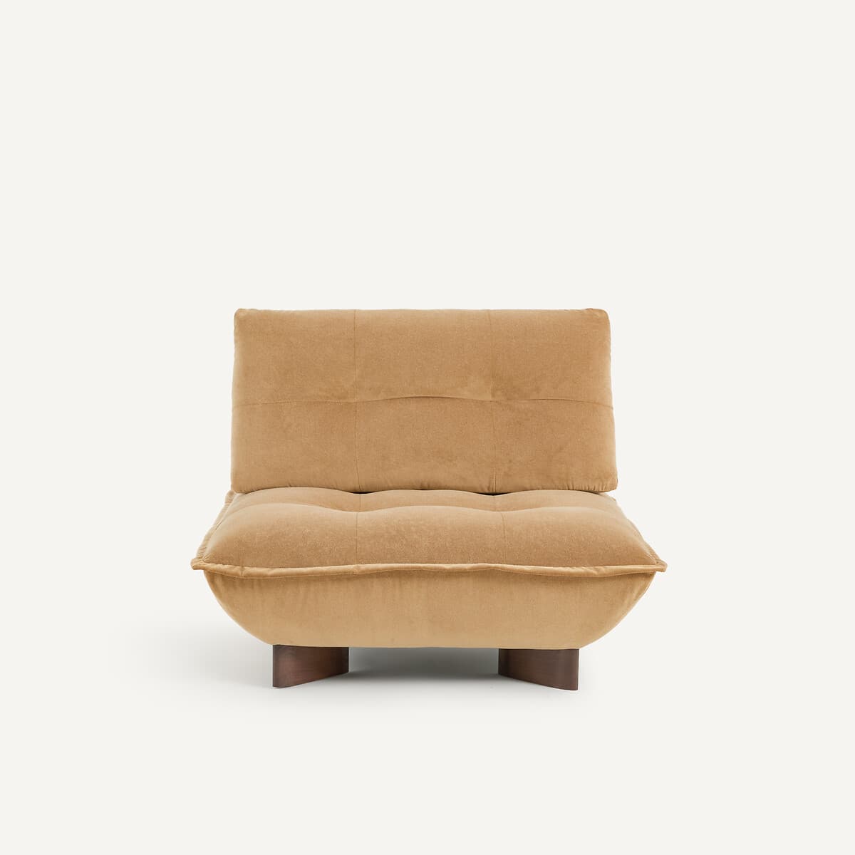 A low-profile, contemporary armless lounge chair featuring generous, plush tan upholstery and a rounded, pillowy form. It sits on small, recessed dark wood block feet. — 3D model