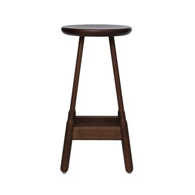 A dark wood stool with a circular seat and four tapered legs connected by a lower shelf. The legs are angled outwards and connected to the seat by a central support structure. The seat has a slightly rounded edge and a smooth finish. The lower shelf is rectangular and also made of wood. — 3D model