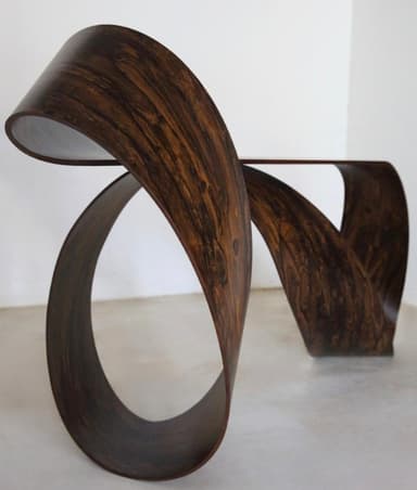 A sculptural console table with a continuous, ribbon-like form, crafted from a dark, heavily-grained wood veneer. — 3D model