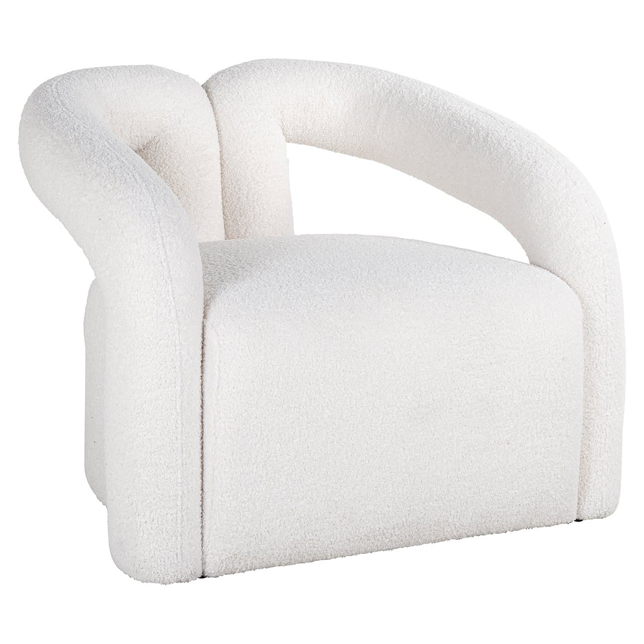 A contemporary armchair featuring a rounded, sculptural form, fully upholstered in a textured white bouclé fabric. The chair has a low profile, with integrated armrests and backrest that flow seamlessly into the seat, creating a continuous, organic silhouette. Its soft edges and voluminous appearance suggest comfort and modern design. — 3D model