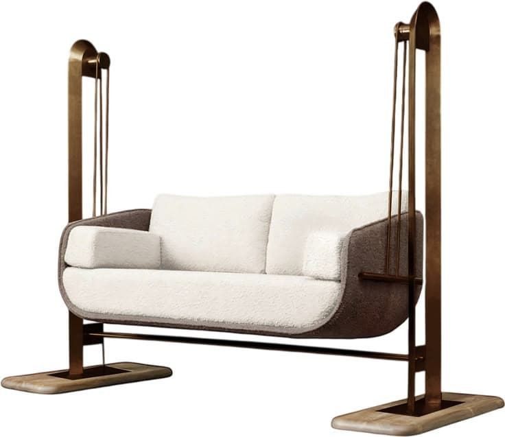 A modern indoor swing sofa designed for two people, featuring a plush off-white boucle upholstery on the seating area and inner backrest, contrasted with a brown velvet or suede-like fabric on the outer shell and armrests. The sofa hangs from a robust, freestanding brass-toned metal frame with a distinctive arched top and integrated suspension system. The frame is anchored by two rectangular bases, possibly made of light-colored wood with dark metal inlays or marble. — 3D model