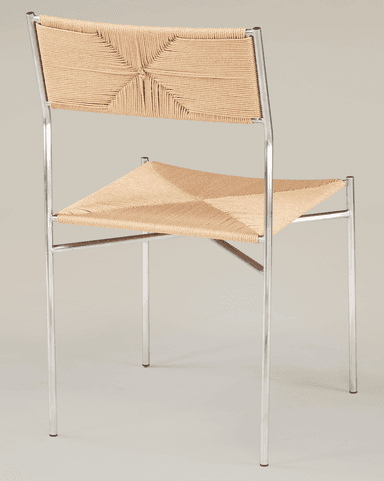 A modern chair featuring a slender, polished metal frame with a high backrest and a seat constructed from tightly woven natural fiber cord in a diamond pattern. The frame has four legs, and the overall design is minimalist and lightweight. — 3D model