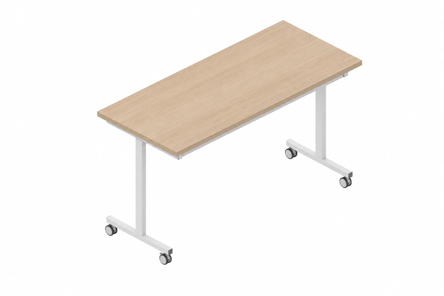 A minimalist, rectangular utility table featuring a light wood-look laminate top and a white powder-coated metal frame, equipped with caster wheels for mobility. The design is clean and functional, suitable for various adaptable settings. — 3D model