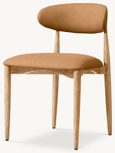 A contemporary dining chair featuring a light oak wood frame and light brown upholstered seat and backrest. The design is minimalist with tapered legs and gently curved padded elements. — 3D model