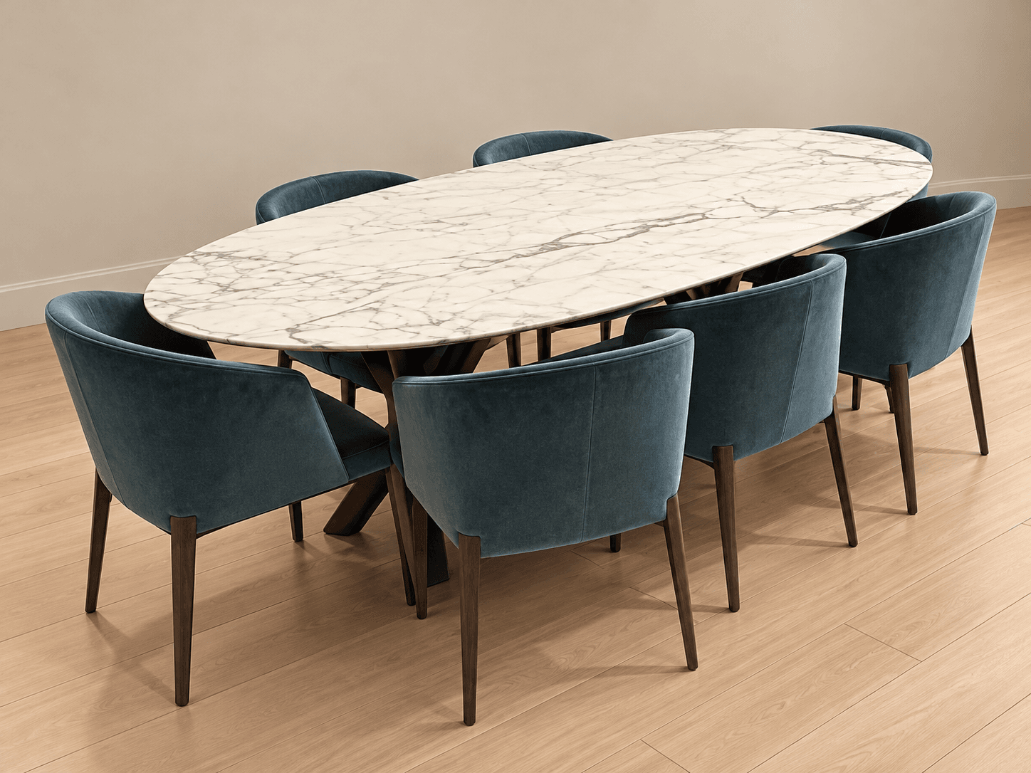An elegant modern dining table featuring an oval white marble top with prominent grey veining, supported by a splayed dark wood base. The legs are angled outwards from a central point, giving the table a contemporary and stable appearance. The finish of the table appears pristine. — 3D model