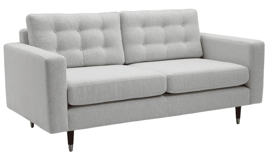 A light grey upholstered two-seater sofa, commonly known as a loveseat, featuring button-tufted back cushions, straight track arms, and tapered dark wood legs finished with brass ferrules. The design combines contemporary minimalism with mid-century modern influences. — 3D model