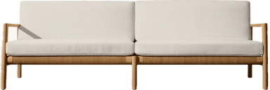 A modern two-seater sofa featuring an exposed light-toned wooden frame and plush, off-white upholstered cushions. The design is minimalist, with clean lines and visible joinery, suggesting a contemporary aesthetic. — 3D model