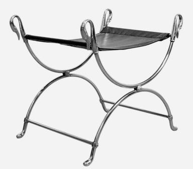 A polished chrome-plated metal and black leather X-frame stool, featuring a sling-style seat and decorative swan-head finials on the frame. — 3D model
