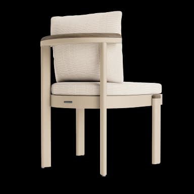 A contemporary armchair with a rectilinear metal frame in a light beige finish, featuring thick upholstered seat and back cushions in a textured off-white fabric. — 3D model