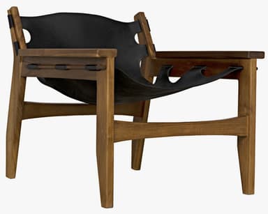 A low-slung lounge chair with a wooden frame and a black leather seat and backrest. The frame features a horizontal stretcher between the front legs and a similar stretcher connecting the rear legs. The backrest is a single piece of black leather with cut-out details on the sides, supported by wooden uprights. The seat is also made of black leather, suspended from the wooden frame and appearing to have a slight curve. The armrests are integrated into the wooden frame. — 3D model