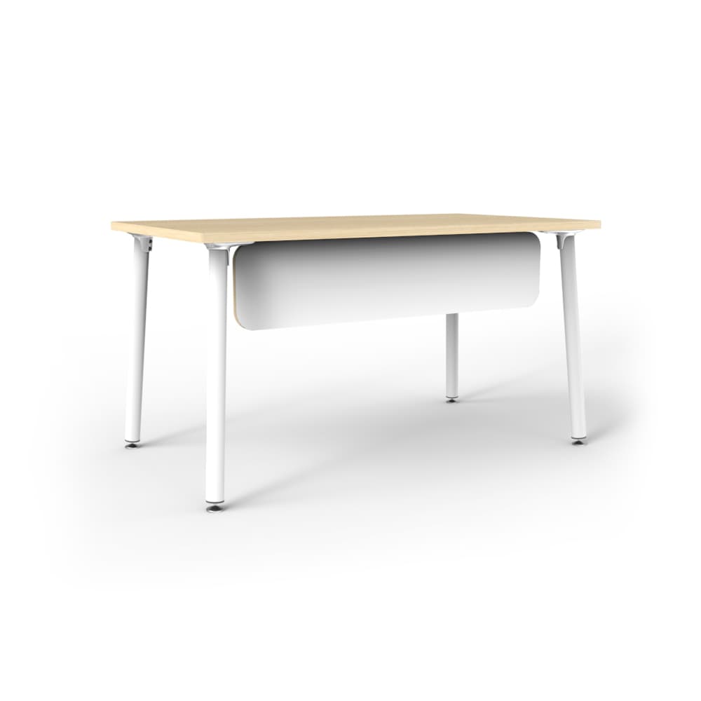 A modern desk with a light wood laminate top and a white modesty panel. The desk features four slender, curved metal legs with a chrome finish. The legs attach to the underside of the tabletop via angled brackets. — 3D model