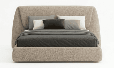 A modern upholstered platform bed featuring a low-profile frame and a distinctive, sculptural curved headboard, all covered in a textured light beige fabric. The bed is presented with dark grey bedding and assorted pillows. — 3D model