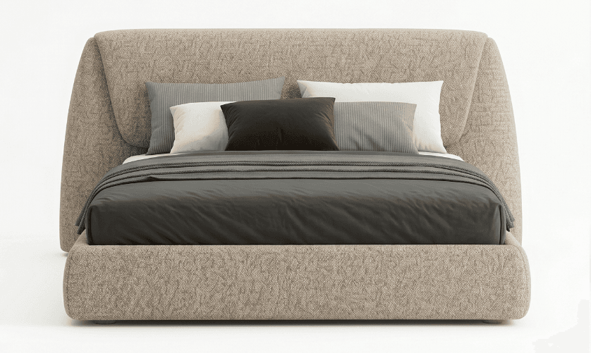 A modern upholstered platform bed featuring a low-profile frame and a distinctive, sculptural curved headboard, all covered in a textured light beige fabric. The bed is presented with dark grey bedding and assorted pillows. — 3D model