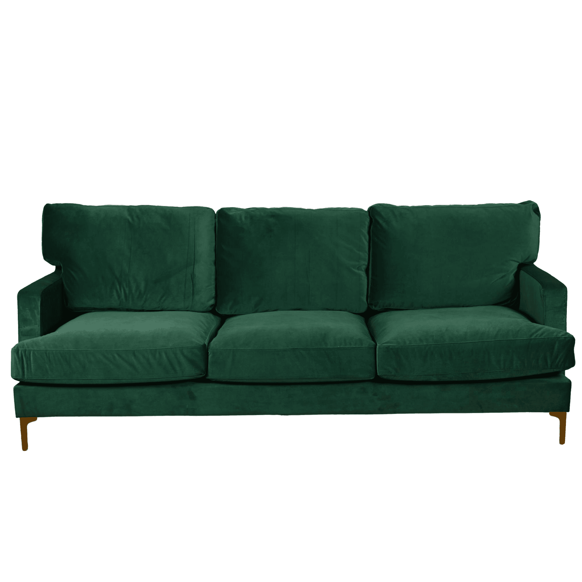 A three-seater sofa with a plush velvet upholstery in a deep emerald green color. It features loose back cushions and seat cushions, with gently sloped armrests. The sofa is elevated by four slender, tapered legs with a metallic finish, likely brass or gold-toned. — 3D model