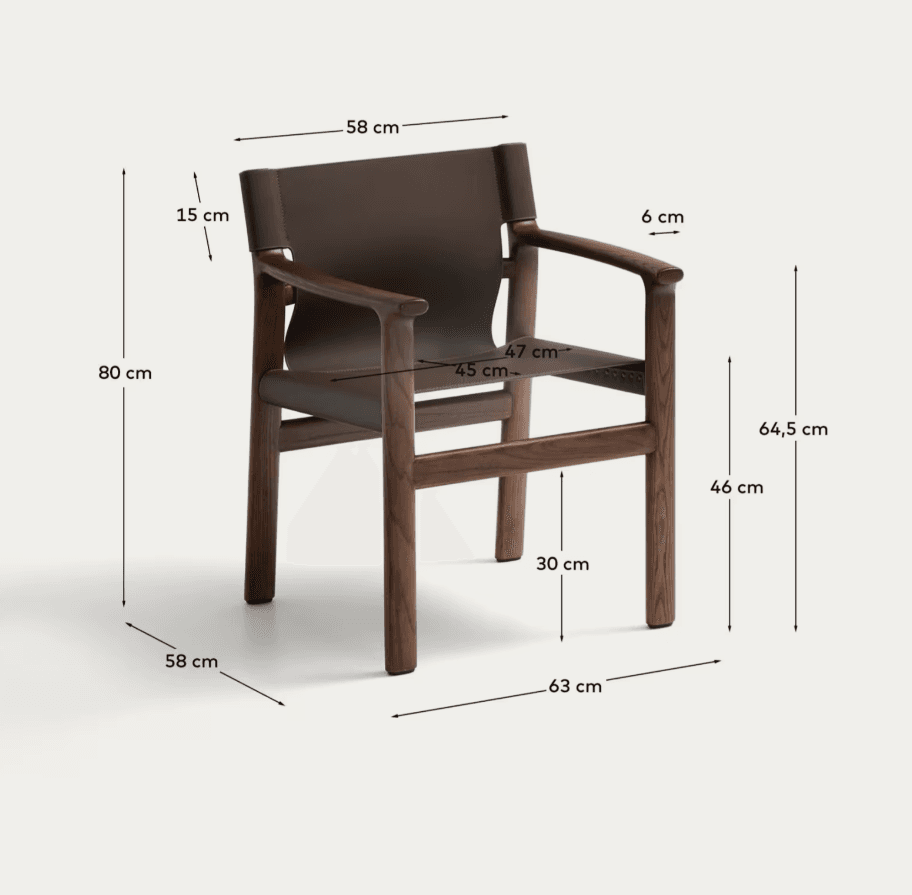 A modern armchair with a dark brown leather seat and backrest, supported by a dark wood frame. The frame features four legs, armrests, and horizontal supports. Dimensions are provided on the image. — 3D model