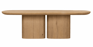 A contemporary console table crafted from natural light-colored wood, likely oak, featuring a thick, rectangular top with smoothly rounded edges. The top is supported by two substantial, cylindrical pedestal bases with rounded corners, positioned centrally beneath the table. The wood exhibits prominent grain patterns and a matte, natural finish, highlighting its organic aesthetic. The design is minimalist and robust, suitable for various modern interior settings. — 3D model