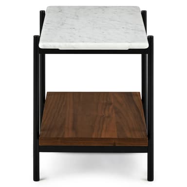 A rectangular two-tier table featuring a white marble top, a lower shelf made of dark walnut wood, and supported by slender black cylindrical metal legs. — 3D model