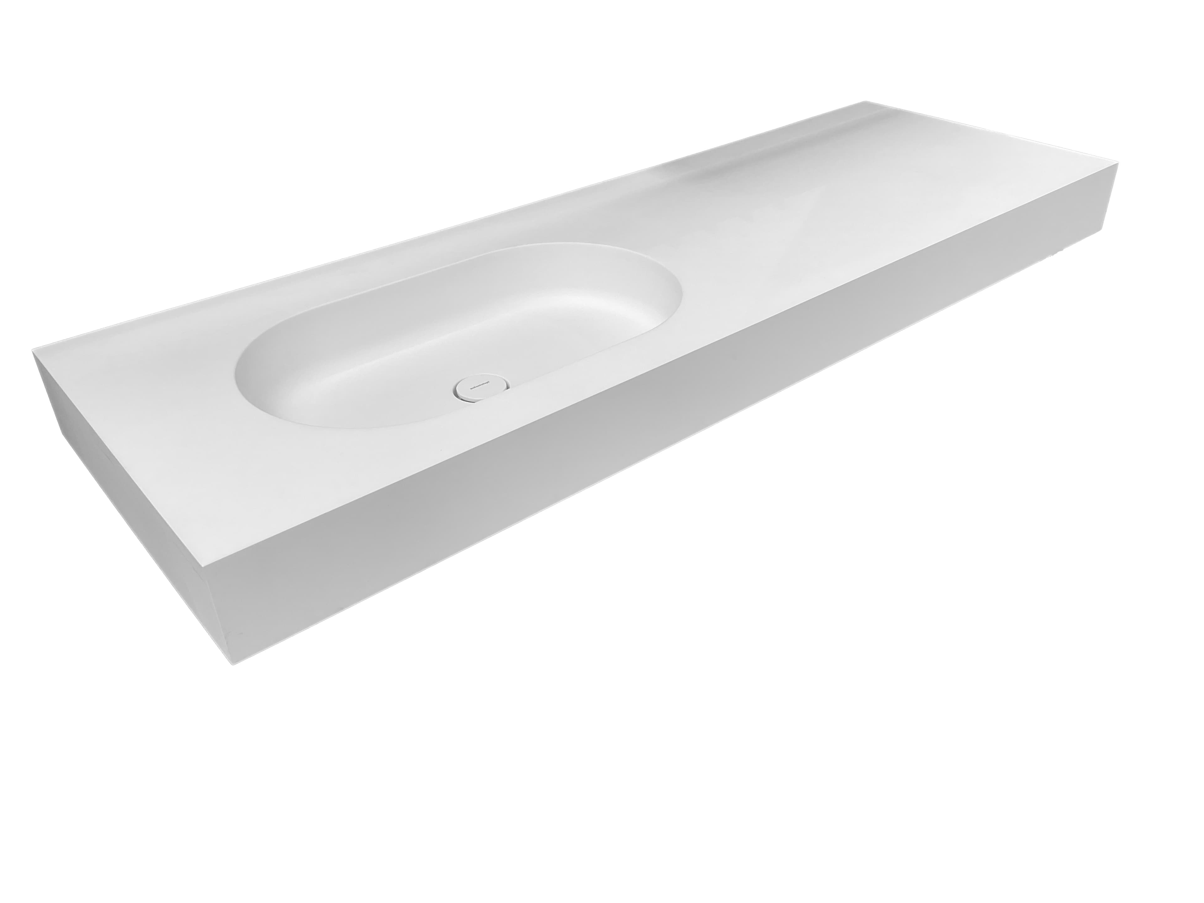 A modern, rectangular washbasin with an integrated oval-shaped basin. The surface is smooth and seamless, with a matte white finish. A subtle drain is visible in the basin. The overall design is minimalist and contemporary. — 3D model