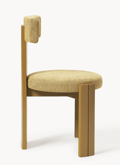 A modern dining chair with a distinct geometric design. The chair features a padded seat and a T-shaped backrest, both upholstered in a textured yellow fabric. The frame and legs are constructed from a solid material, possibly wood or metal, finished in a matte gold or brass color. The legs have a unique angular profile, with two parallel vertical elements forming each front leg. — 3D model