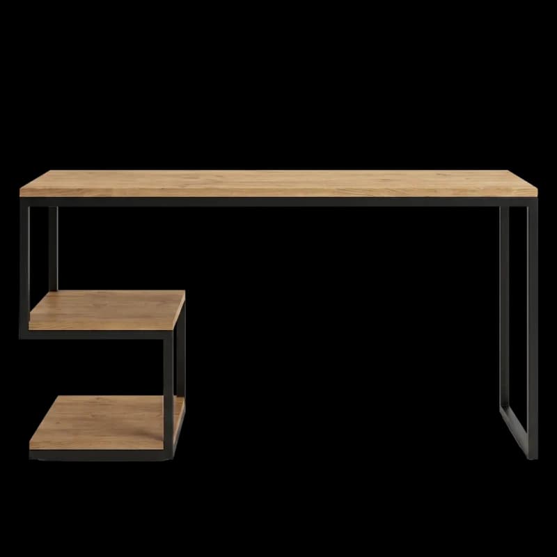 A modern and minimalist desk or console table featuring a light wood-look rectangular top surface and two open shelves, supported by a black rectangular metal frame. The design is asymmetrical, with the shelves positioned at one end, creating an open leg space at the other. — 3D model