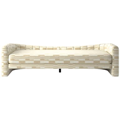 A contemporary sofa with a geometric patterned upholstery. The sofa features a low profile with rounded armrests that curve into the backrest. The seat and back cushions are integrated into a single, continuous surface. The upholstery has a repeating pattern of beige and off-white horizontal and vertical lines forming rectangular shapes. — 3D model